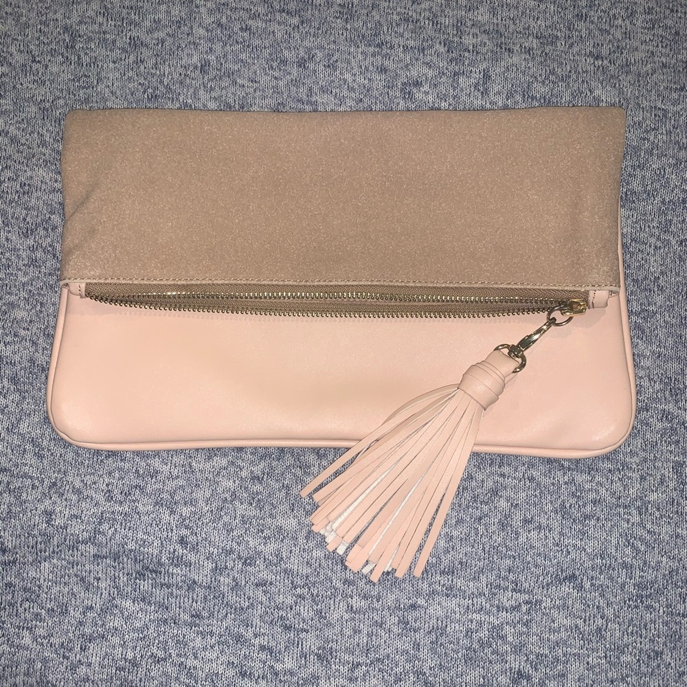 Pink and tan fold over clutch